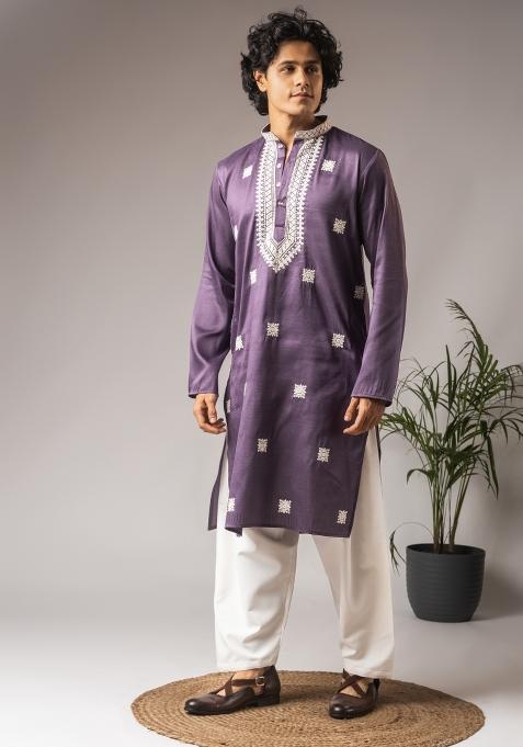Purple Embroidered Silk Kurta For Men