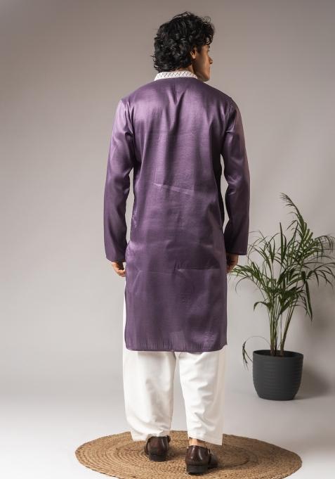 Purple Embroidered Silk Kurta For Men