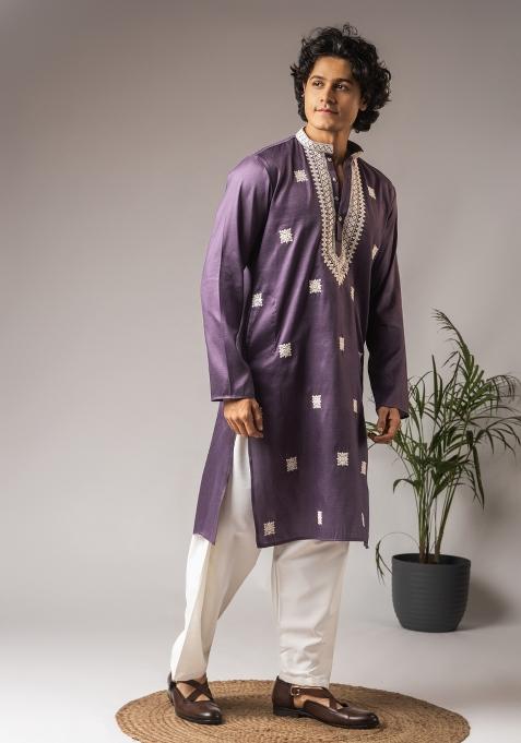 Purple Embroidered Silk Kurta For Men