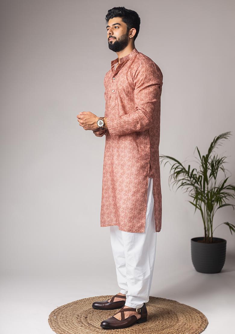 Light Brown Printed Linen Kurta For Men