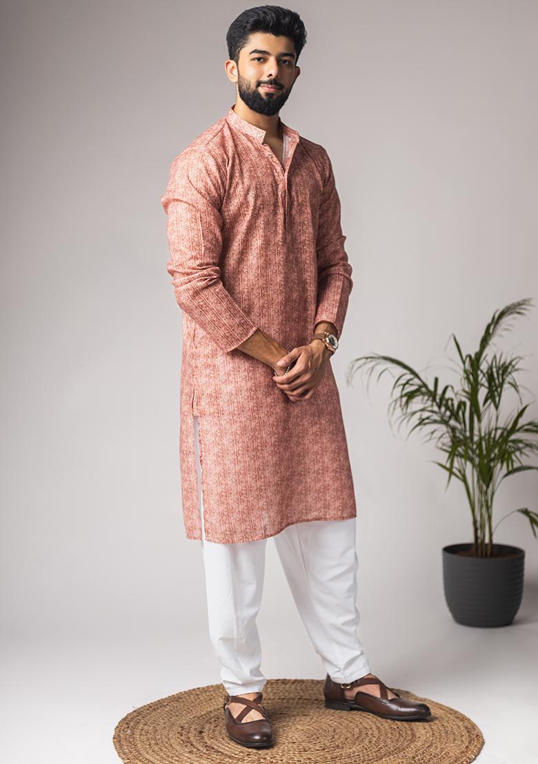 Light Brown Printed Linen Kurta For Men