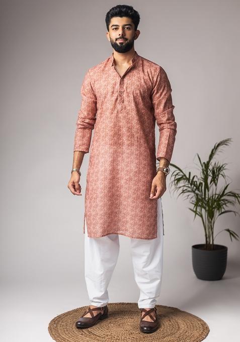 Light Brown Printed Linen Kurta For Men