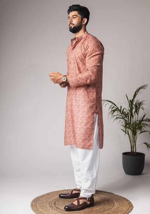 Light Brown Printed Linen Kurta For Men