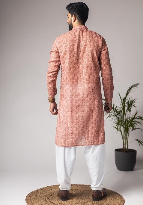 Light Brown Printed Linen Kurta For Men