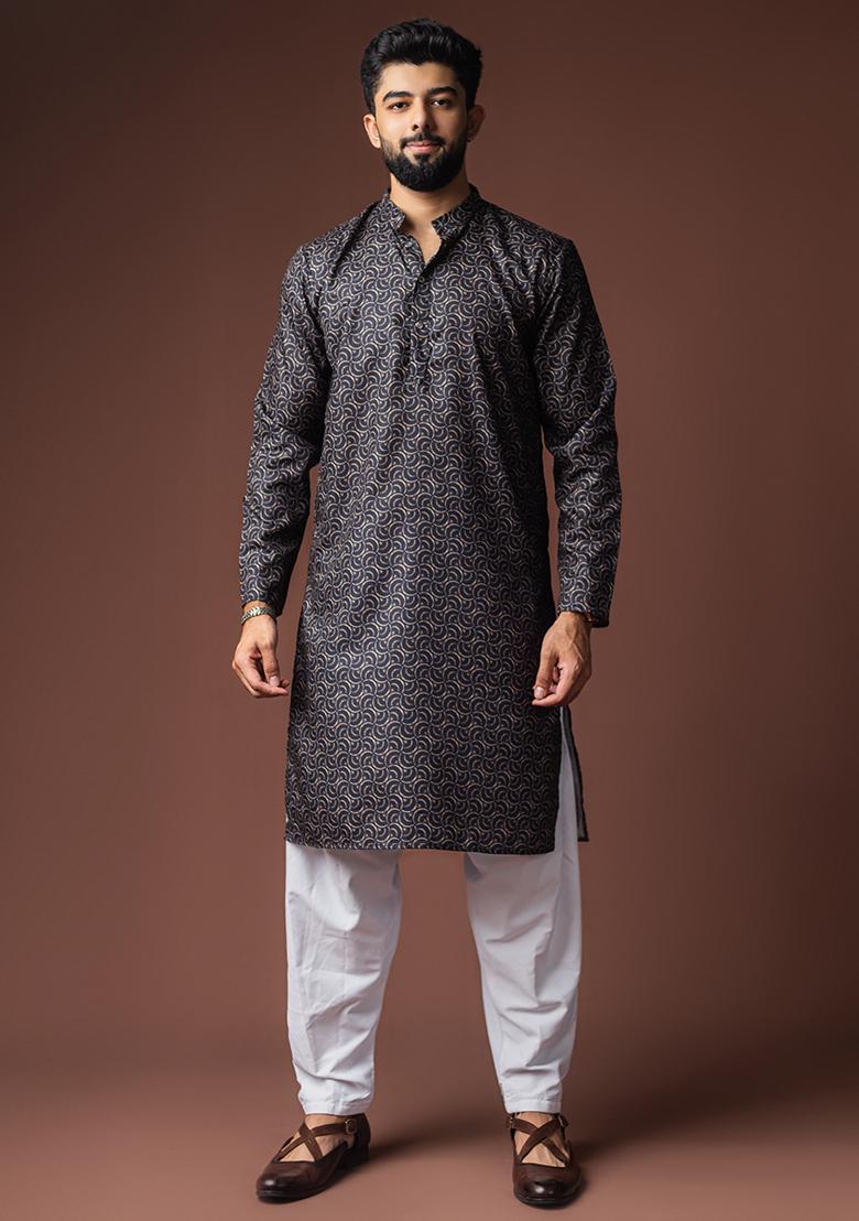 Black Printed Linen Kurta For Men - Indya