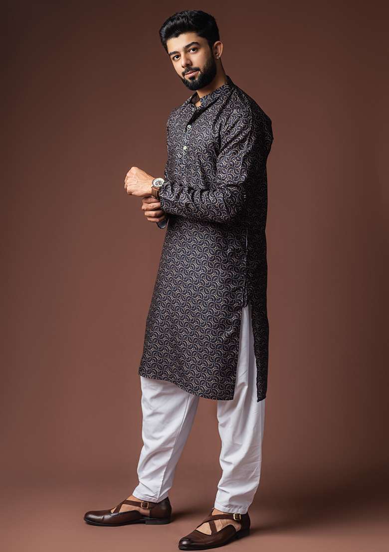 Black Printed Linen Kurta For Men - Indya