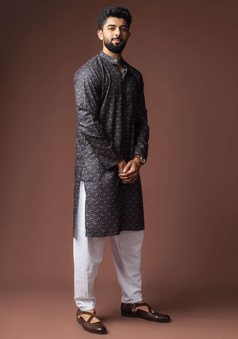 Black Printed Linen Kurta For Men - Indya