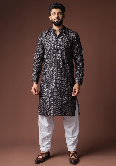 Black Printed Linen Kurta For Men