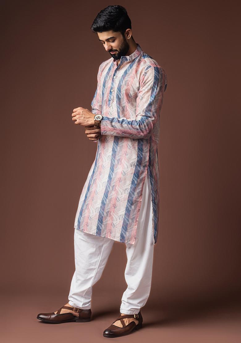 Multi Color Printed Linen Kurta For Men - Indya