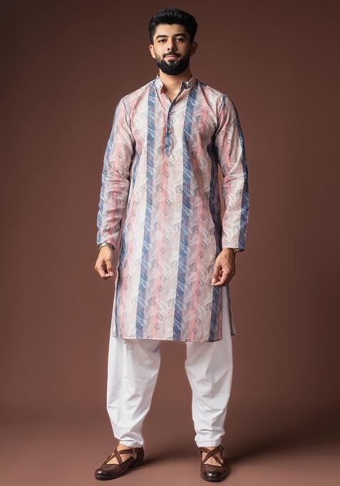 Multi Color Printed Linen Kurta For Men