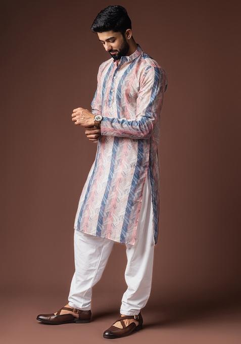 Multi Color Printed Linen Kurta For Men