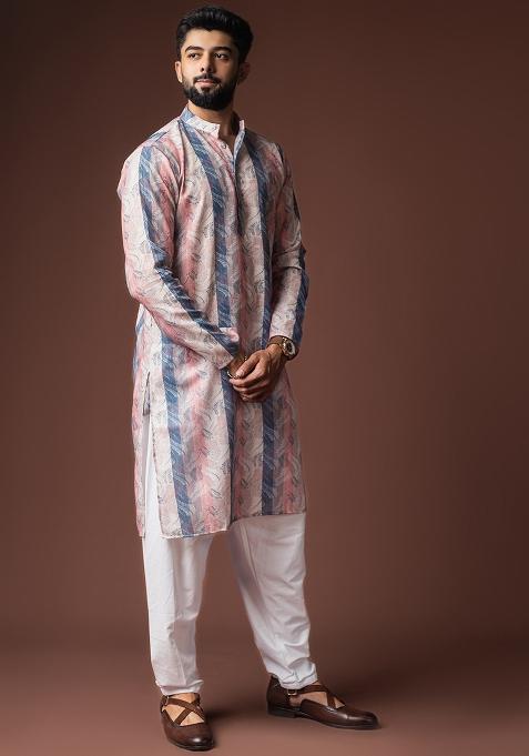 Multi Color Printed Linen Kurta For Men