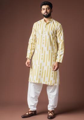 White Printed Linen Kurta For Men