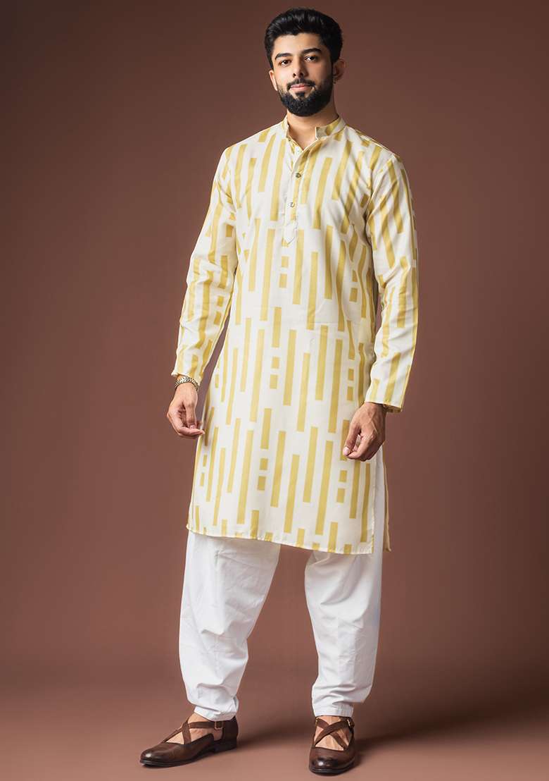 White Printed Linen Kurta For Men - Indya