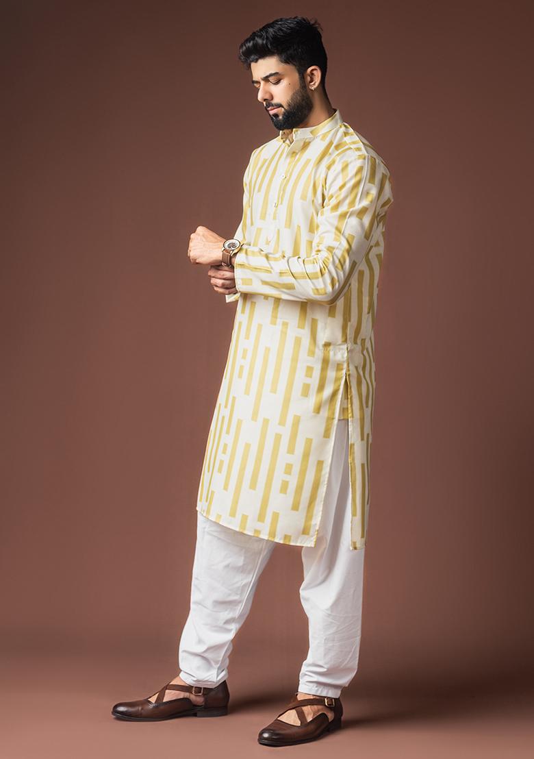 White Printed Linen Kurta For Men - Indya