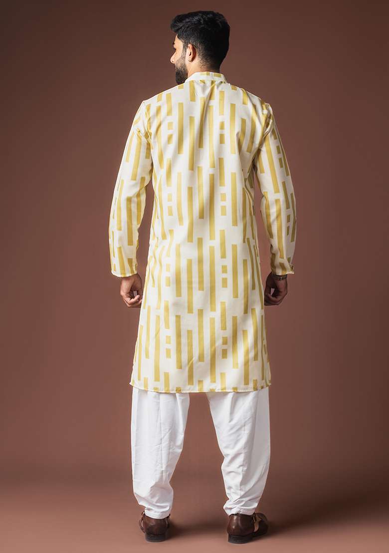 White Printed Linen Kurta For Men - Indya