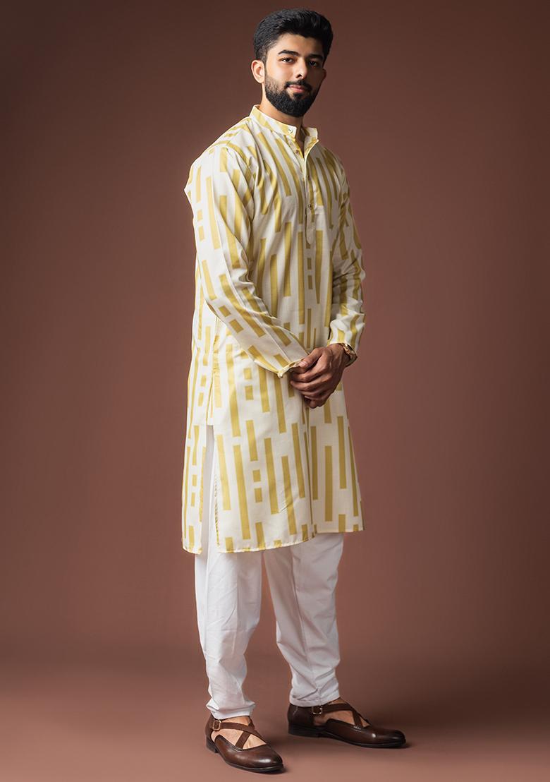 White Printed Linen Kurta For Men - Indya