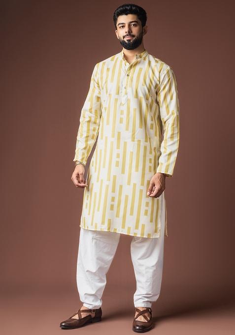White Printed Linen Kurta For Men