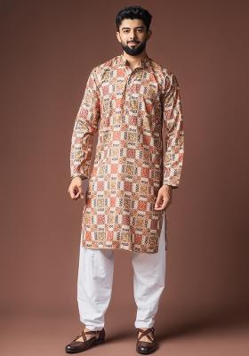 Multi Color Printed Linen Kurta For Men