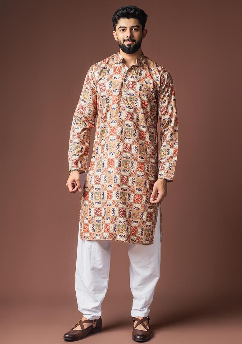 Multi Color Printed Linen Kurta For Men