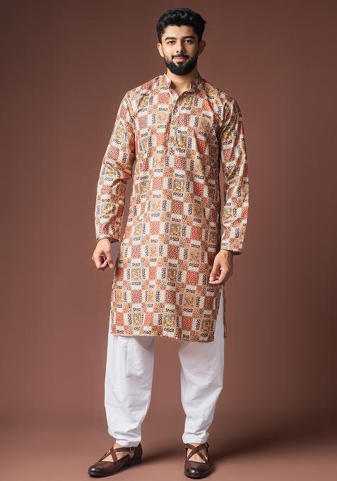 Multi Color Printed Linen Kurta For Men