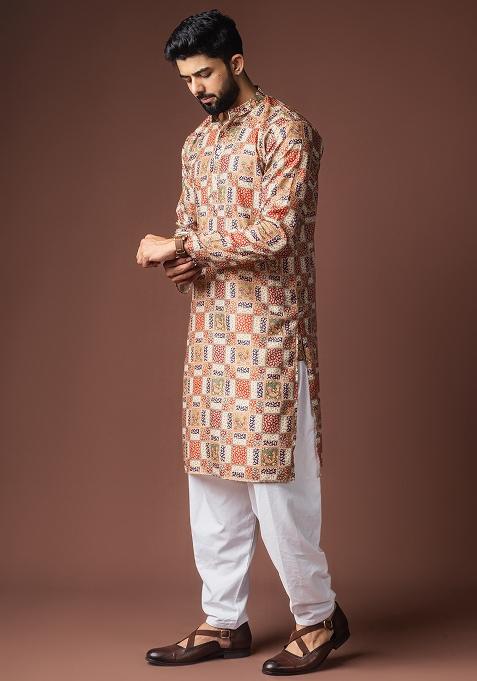 Multi Color Printed Linen Kurta For Men
