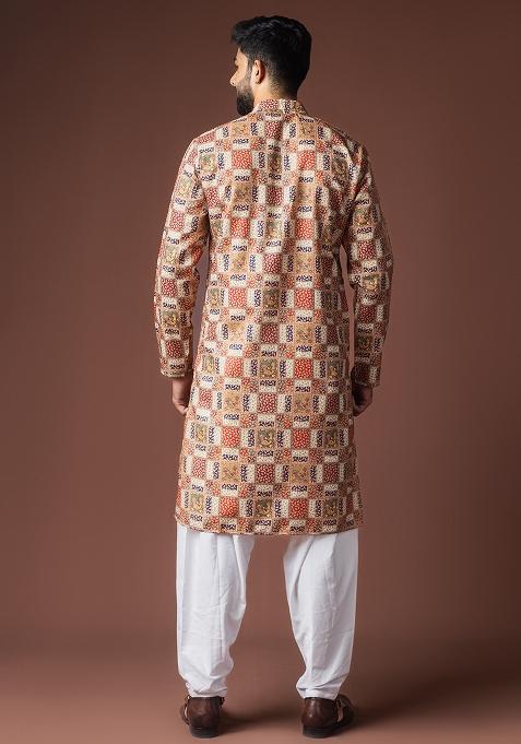 Multi Color Printed Linen Kurta For Men