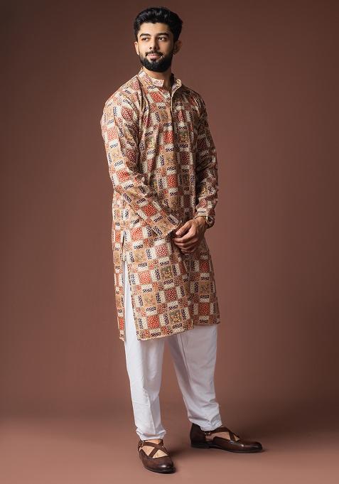 Multi Color Printed Linen Kurta For Men