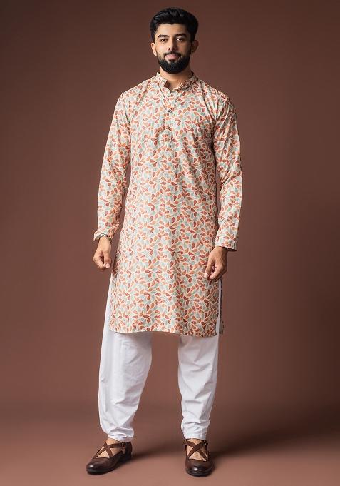 White Printed Linen Kurta For Men