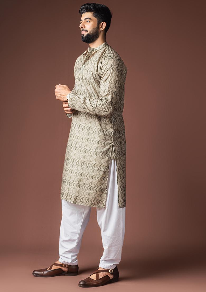 Mehendi Green Printed Linen Kurta For Men - Indya