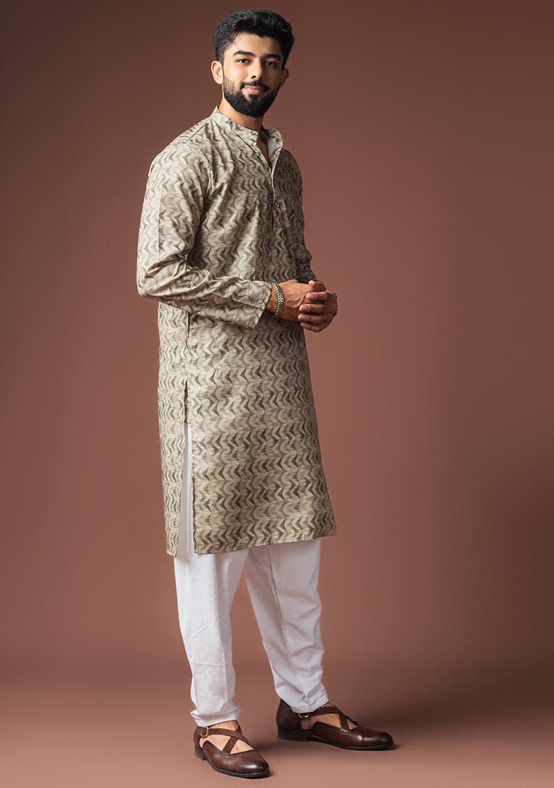 Mehendi Green Printed Linen Kurta For Men - Indya