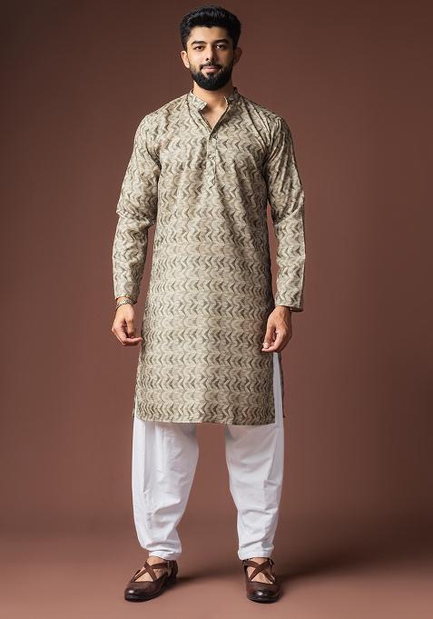 Mehendi Green Printed Linen Kurta For Men