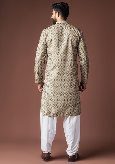 Mehendi Green Printed Linen Kurta For Men