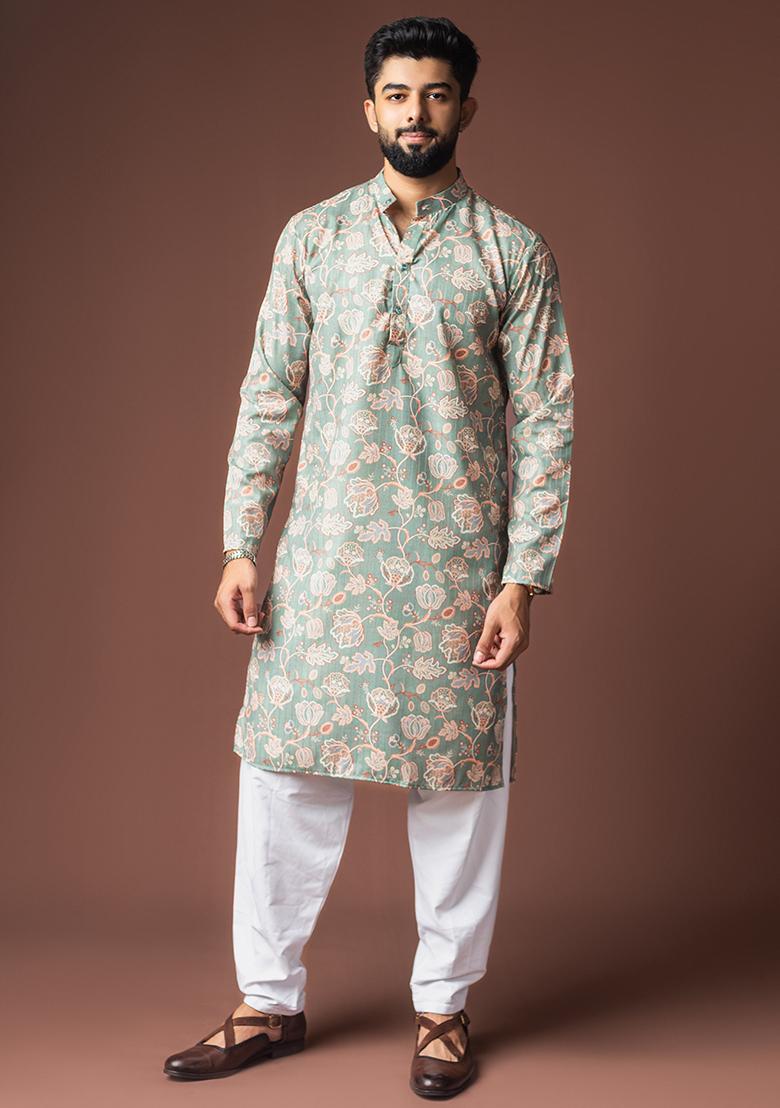 Greenish Blue Printed Linen Kurta For Men