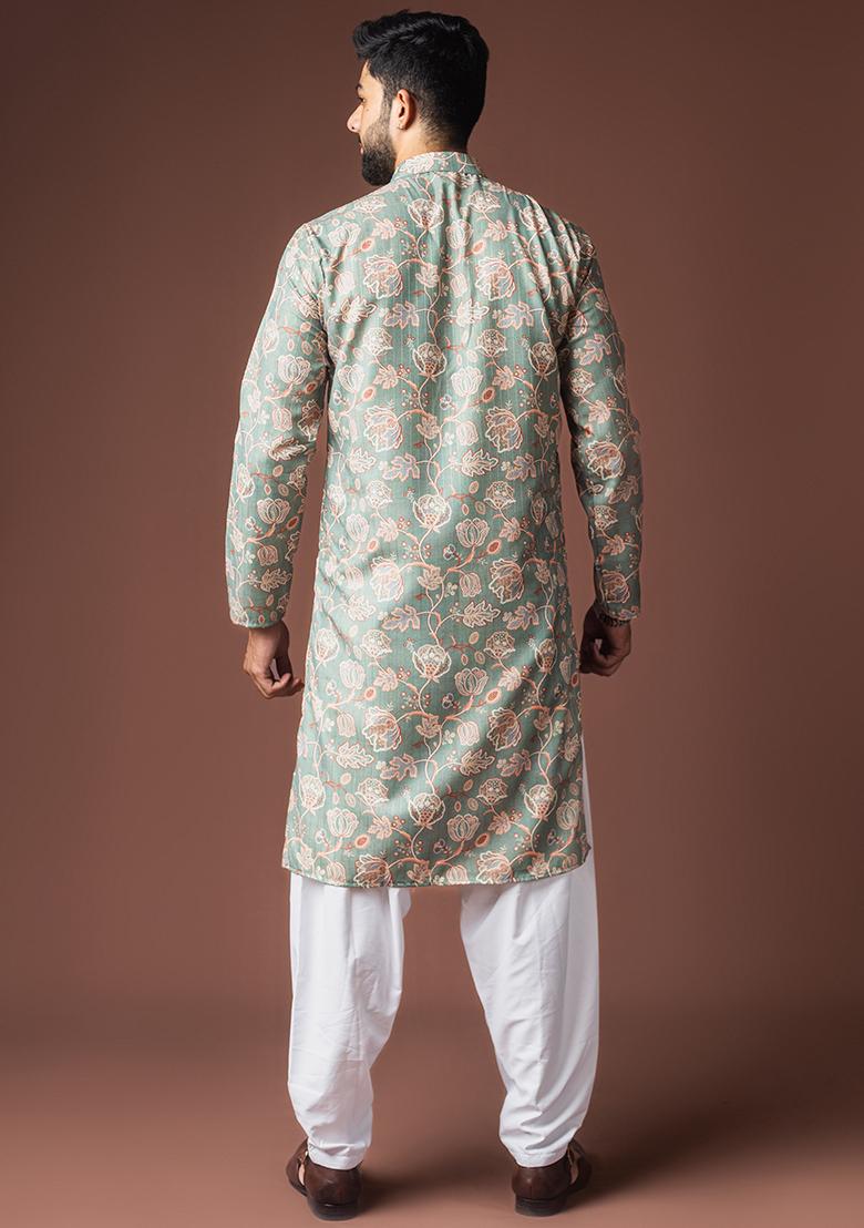 Greenish Blue Printed Linen Kurta For Men