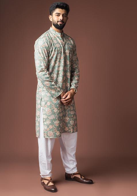 Greenish Blue Printed Linen Kurta For Men