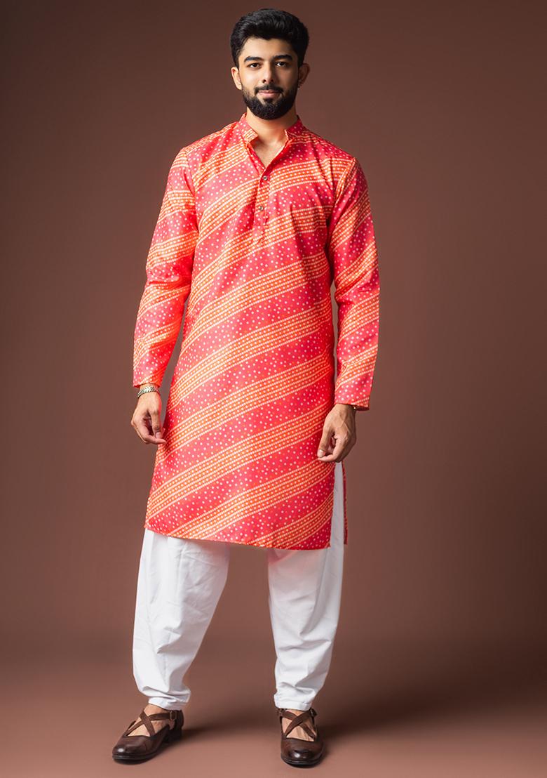Pink Printed Linen Kurta For Men - Indya