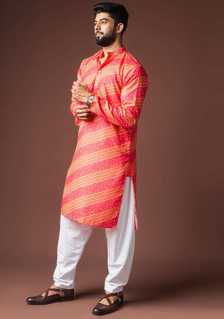 Pink Printed Linen Kurta For Men - Indya