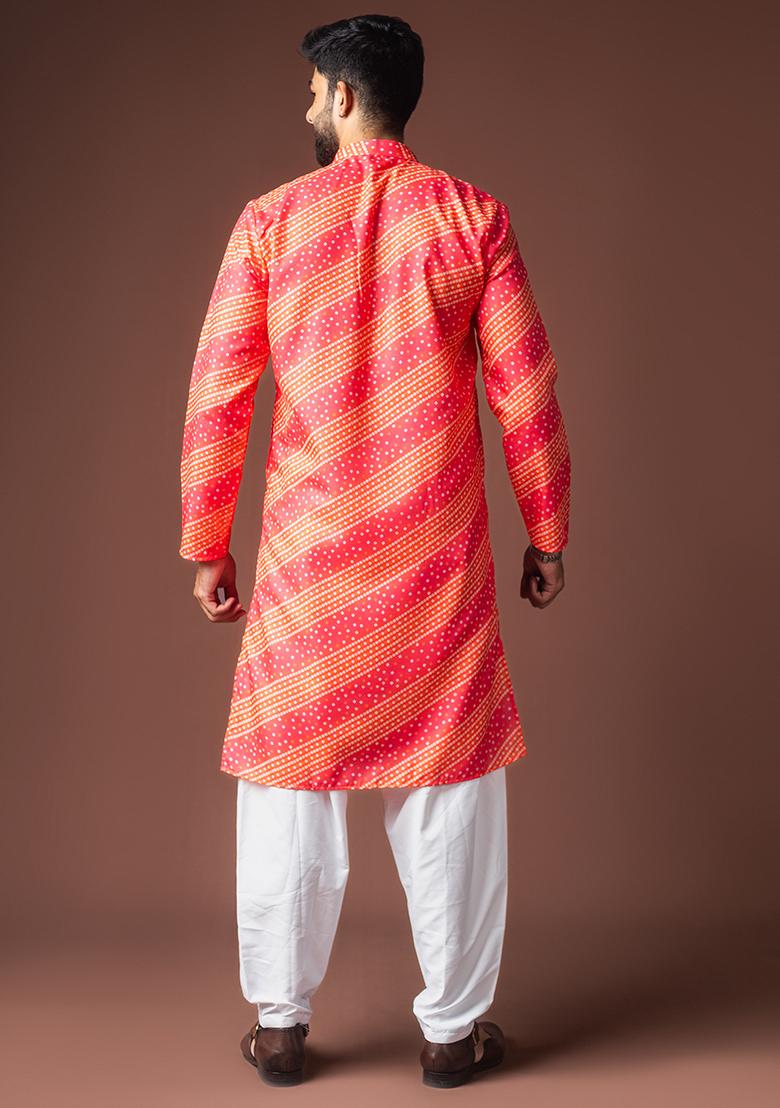 Pink Printed Linen Kurta For Men - Indya