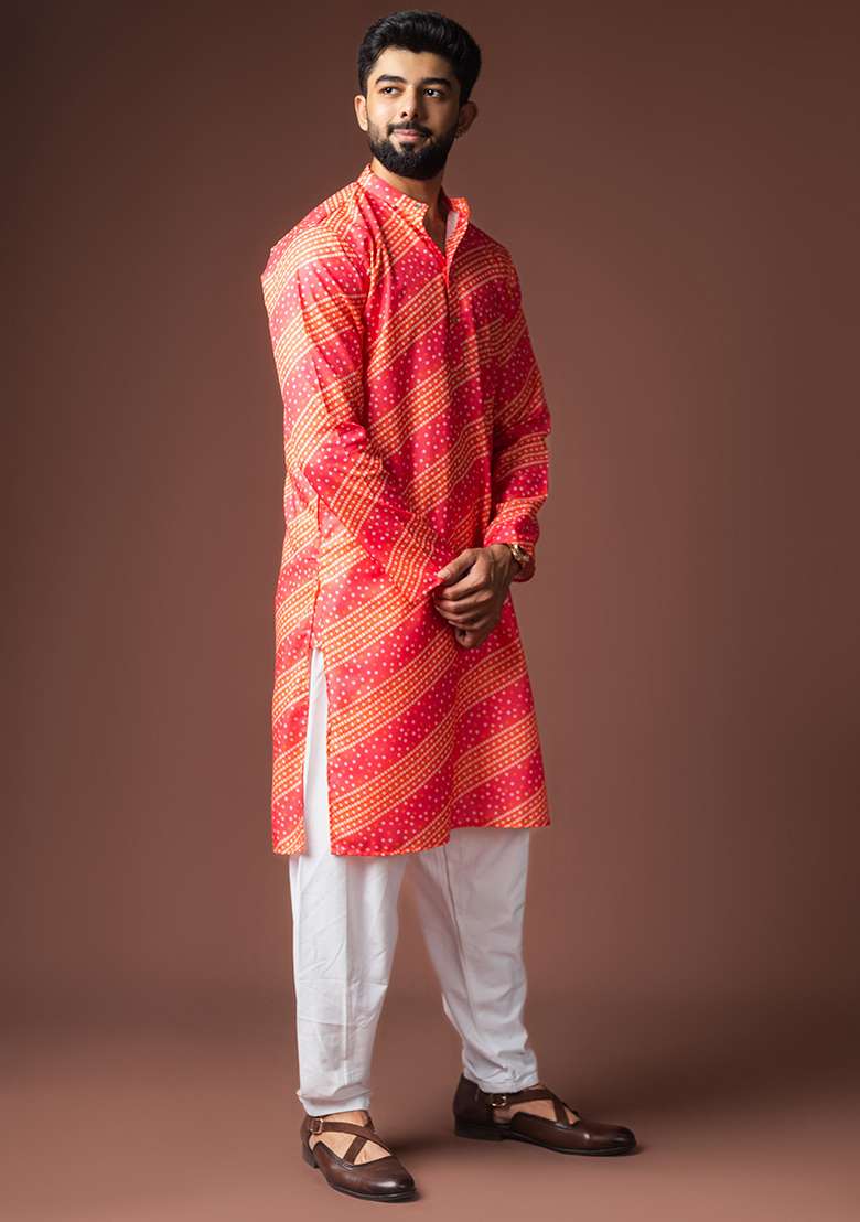 Pink Printed Linen Kurta For Men - Indya