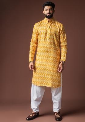 Yellow Printed Linen Kurta For Men