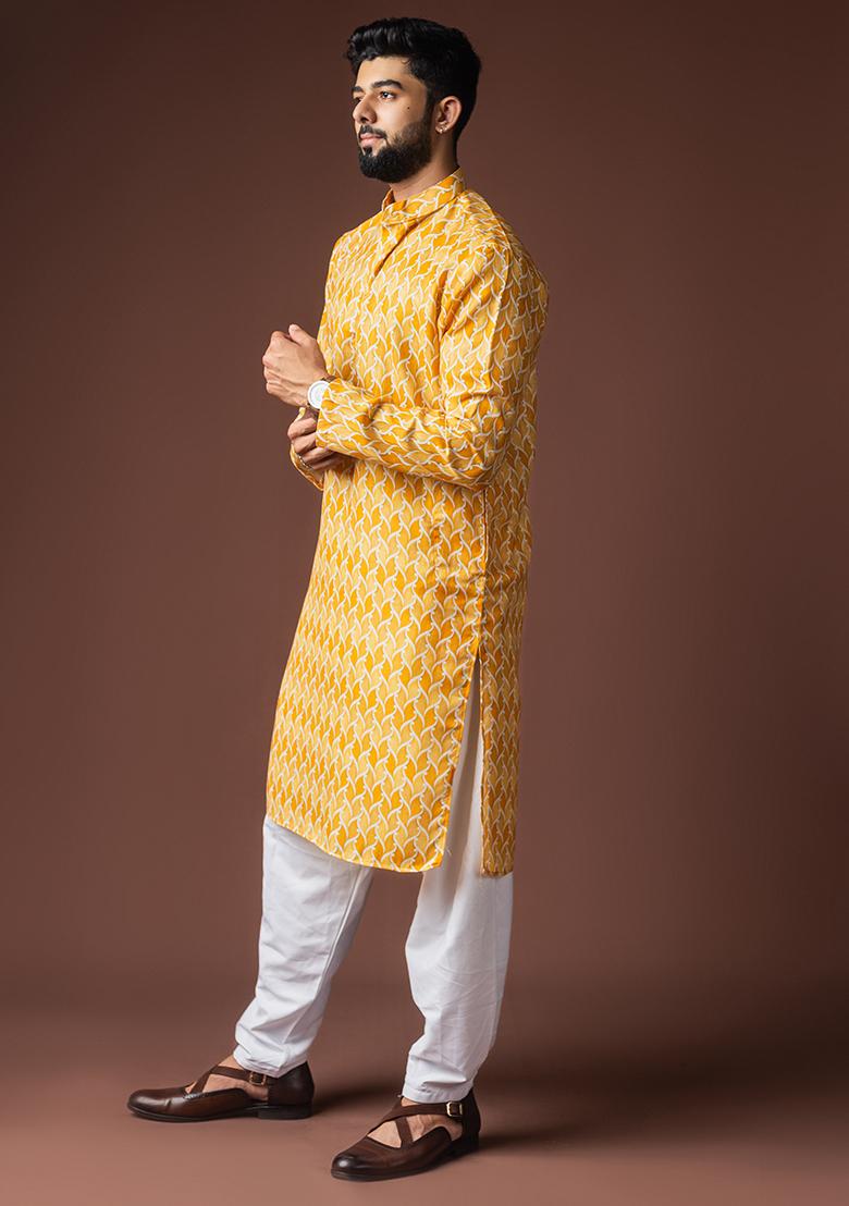 Yellow Printed Linen Kurta For Men - Indya
