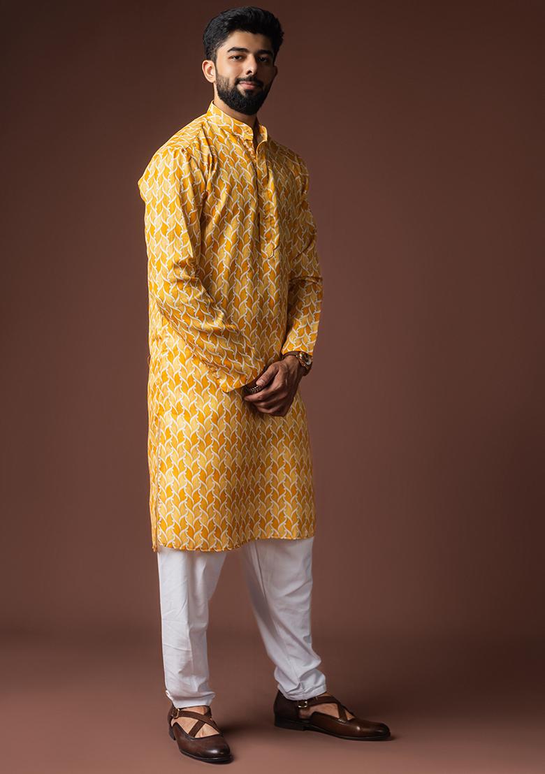 Yellow Printed Linen Kurta For Men - Indya