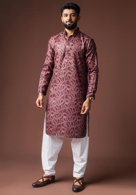 Wine Printed Linen Kurta For Men