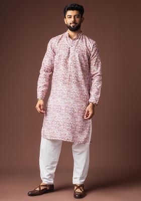 Pinkish Multicolor Printed Linen Kurta For Men