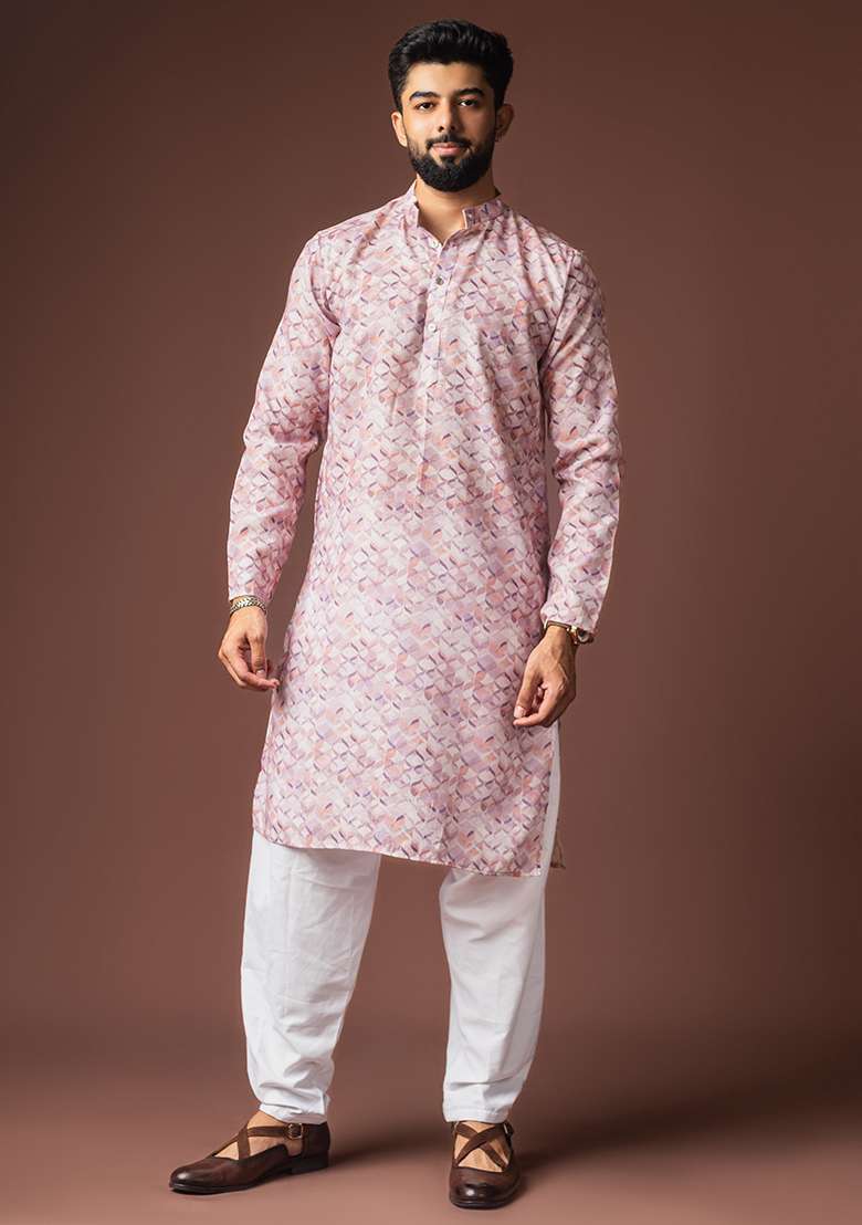 Pinkish Multicolor Printed Linen Kurta For Men - Indya