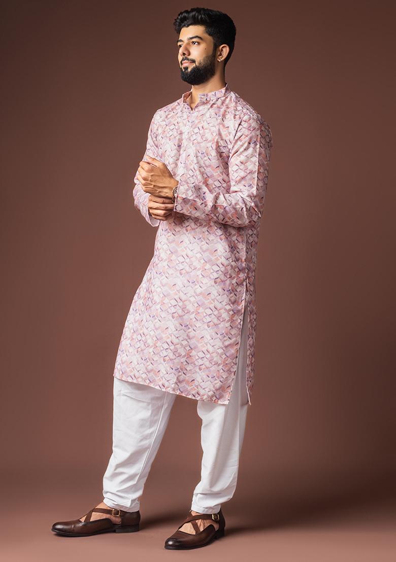 Pinkish Multicolor Printed Linen Kurta For Men - Indya
