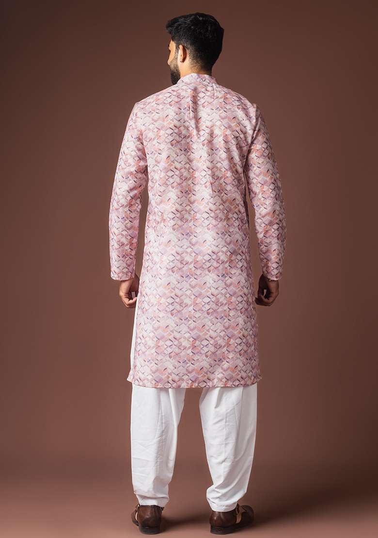 Pinkish Multicolor Printed Linen Kurta For Men - Indya