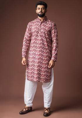 Dusty Rose Printed Linen Kurta For Men