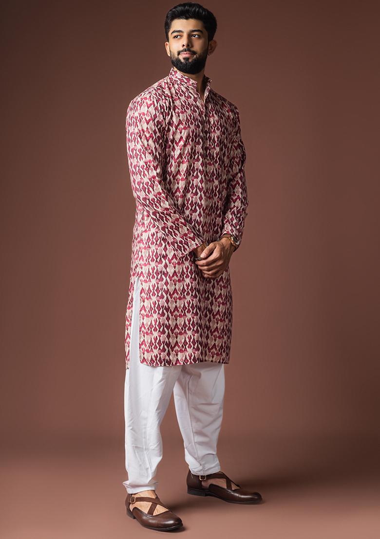 Dusty Rose Printed Linen Kurta For Men - Indya